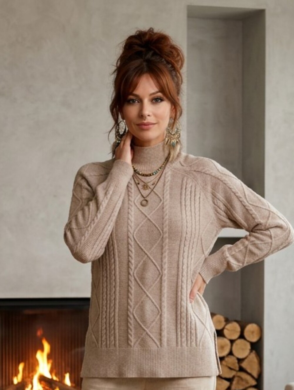 Women's Oversized Philosophy Beige Cable Knit Turtleneck Fisherman Sweater XS